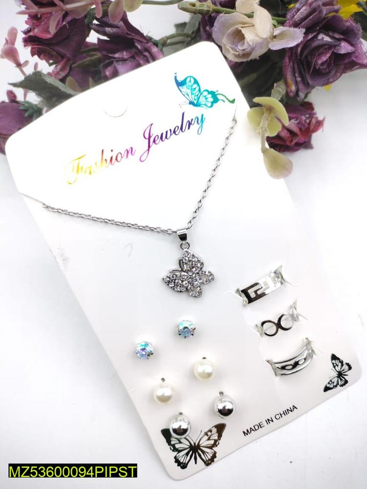 7-Piece Modern Pendant Set Silver Plated Butterfly Earrings