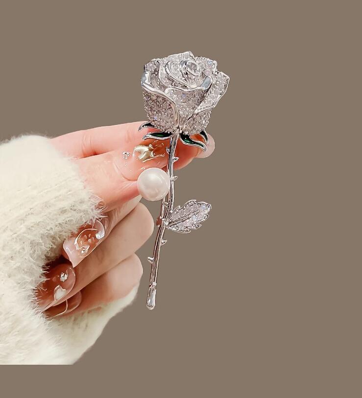 Golden Rose Brooch with Diamond & Pearl Accents
