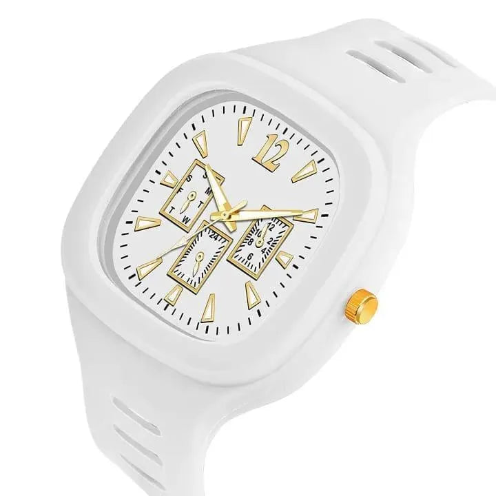 White Square Analog Watch with Gold Accents for Men
