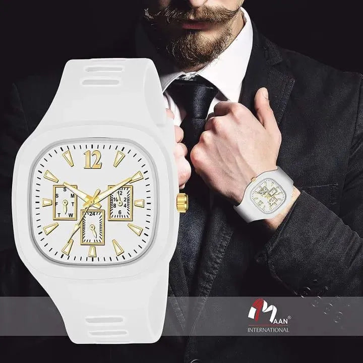 White Square Analog Watch with Gold Accents for Men