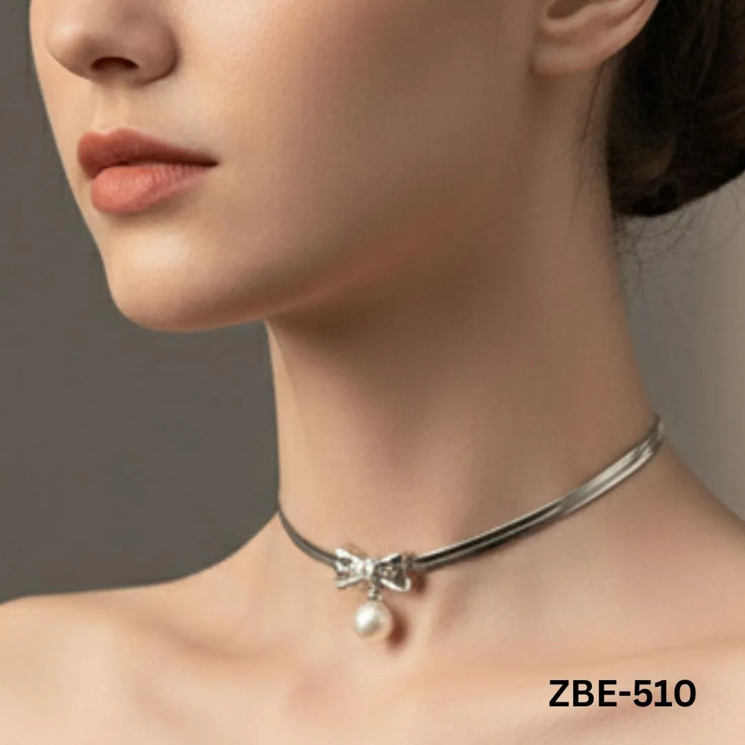 Stainless Steel Pearl Pendant Necklace Silver Bow Design