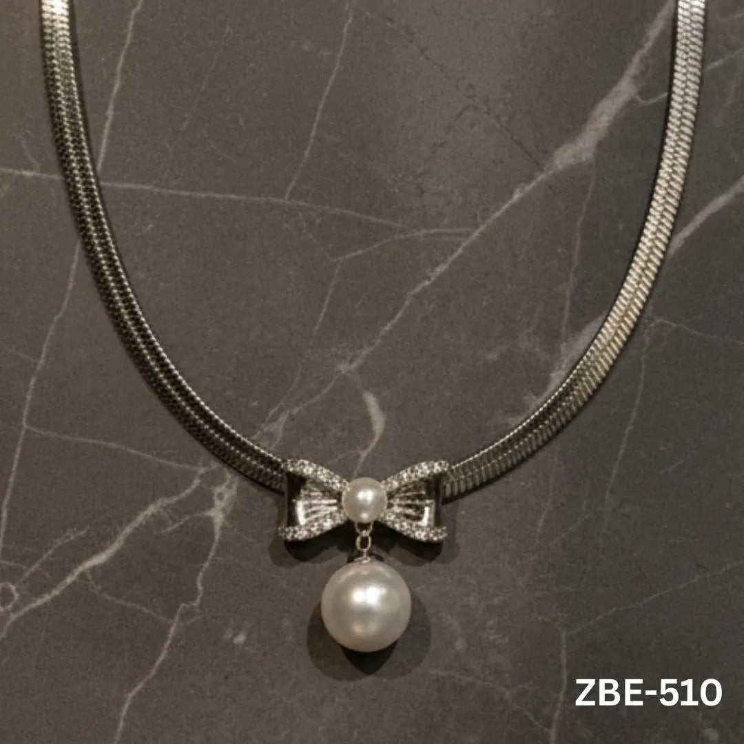 Stainless Steel Pearl Pendant Necklace Silver Bow Design