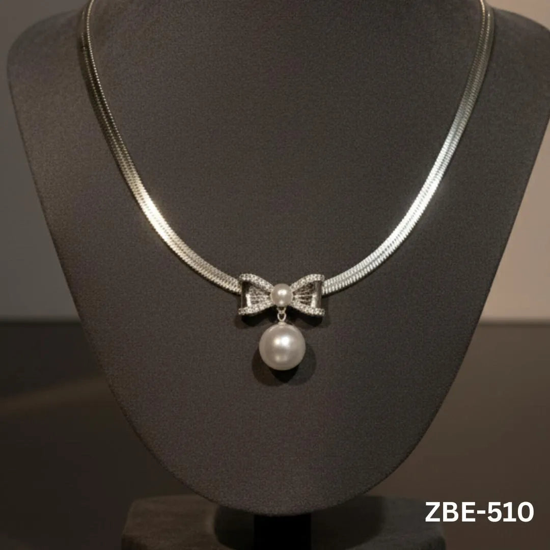 Stainless Steel Pearl Pendant Necklace Silver Bow Design