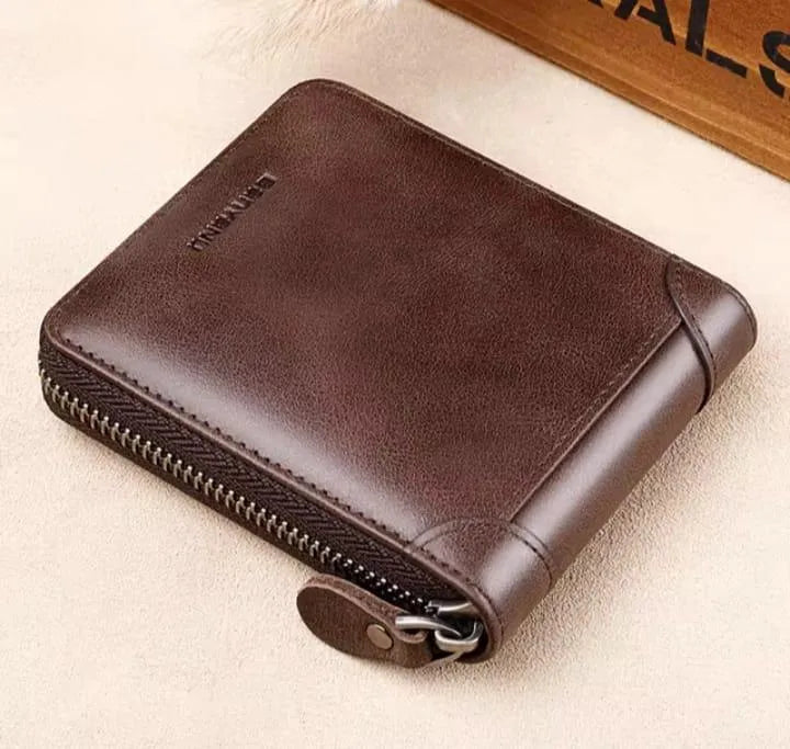 Men's Slim Brown PU Leather Wallet with Zipper Closure