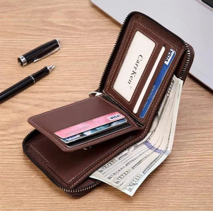 Men's Slim Brown PU Leather Wallet with Zipper Closure