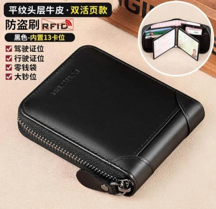 Men's Slim Brown PU Leather Wallet with Zipper Closure