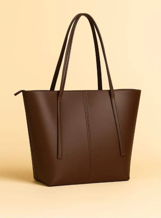 Women's Brown Leather Tote Bag with Zipper Pocket