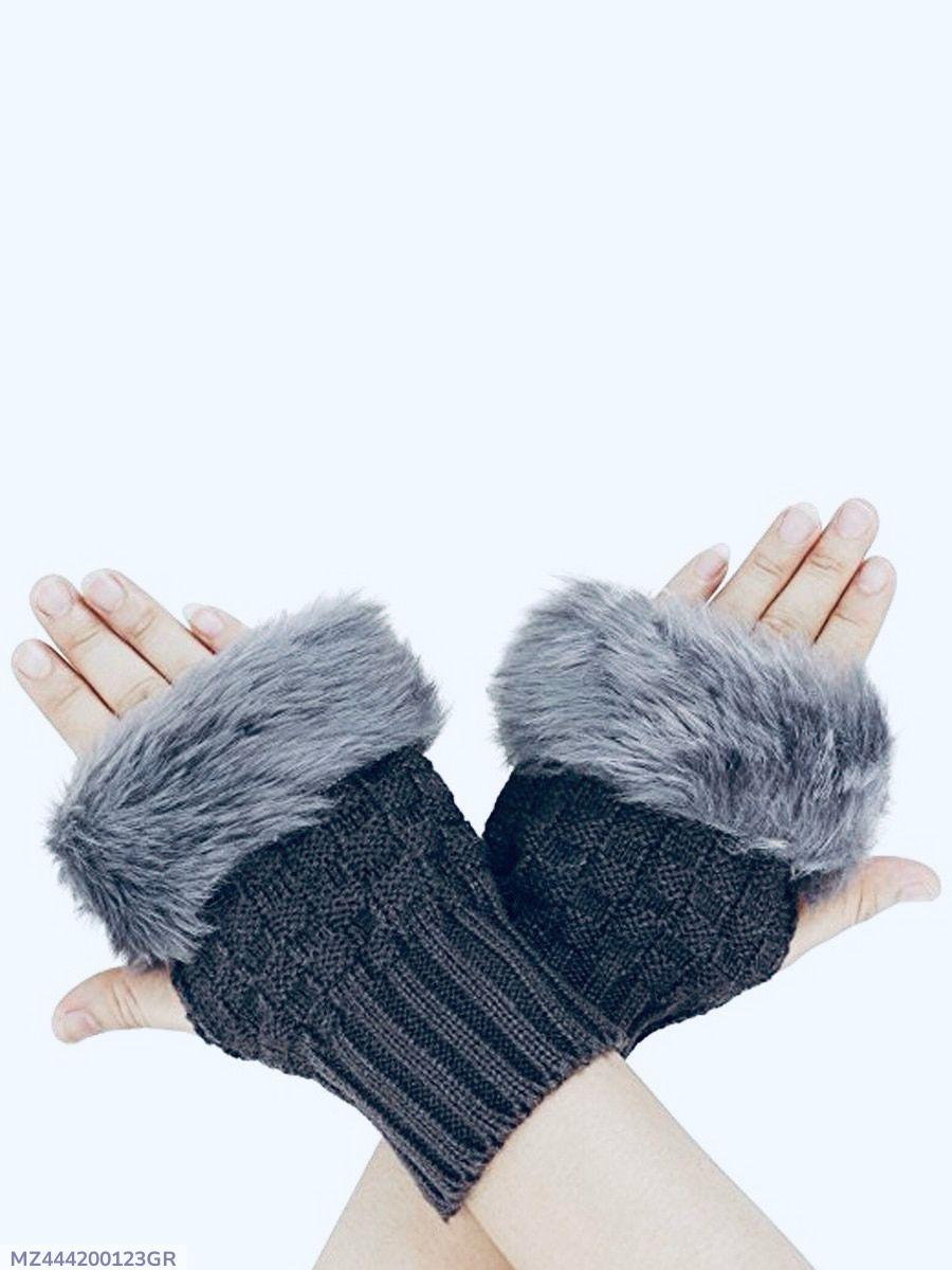 Women Grey Faux Fur Fingerless Gloves Winter Warm Wool