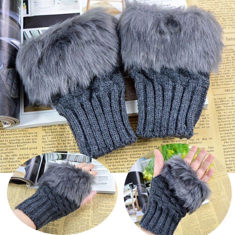 Women Grey Faux Fur Fingerless Gloves Winter Warm Wool