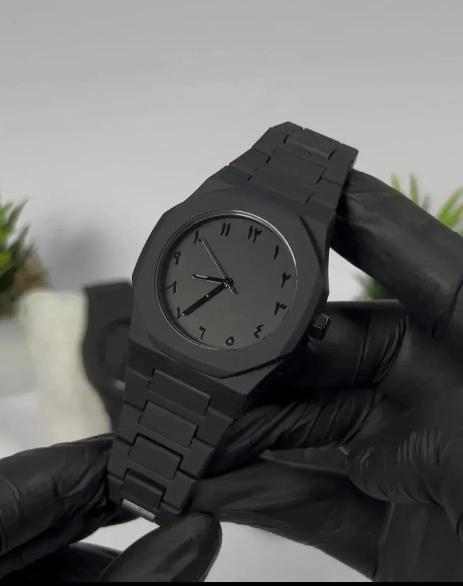 Black Carbon Fiber Arabic Aura Watch for Men