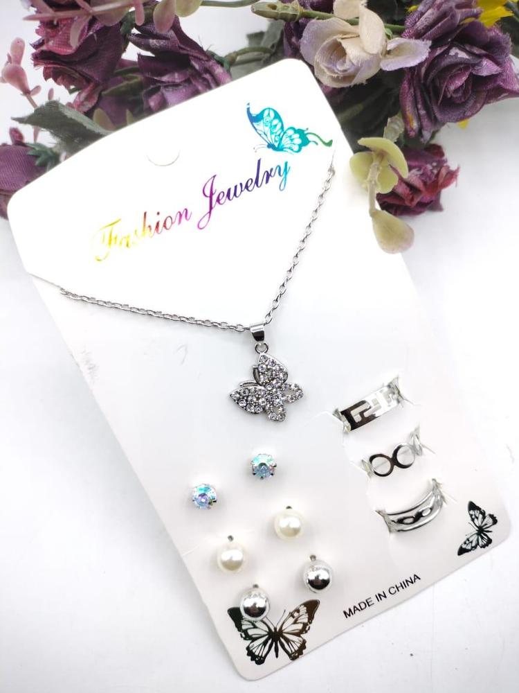 7-Piece Modern Pendant Set Silver Plated Butterfly Earrings