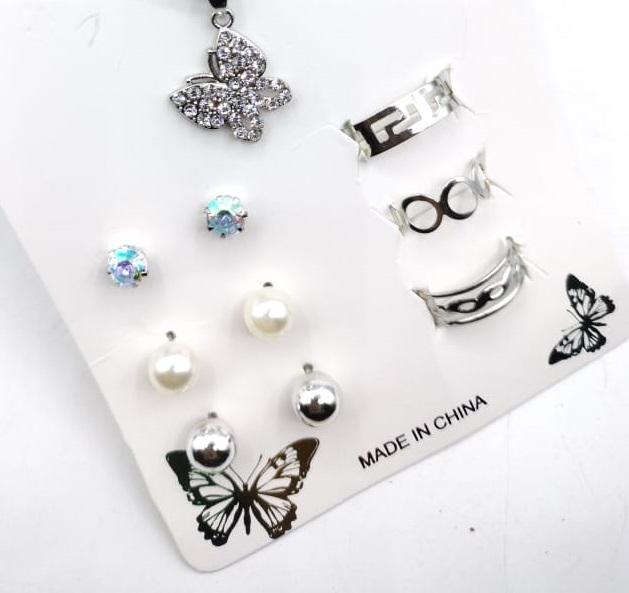 7-Piece Modern Pendant Set Silver Plated Butterfly Earrings