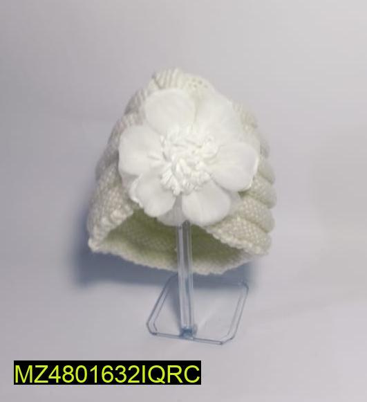 White Wool Floral Kid's Turban Cap Winter