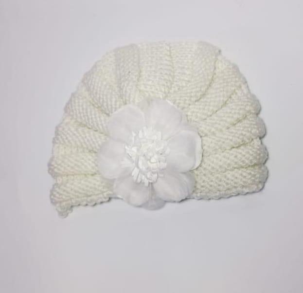 White Wool Floral Kid's Turban Cap Winter