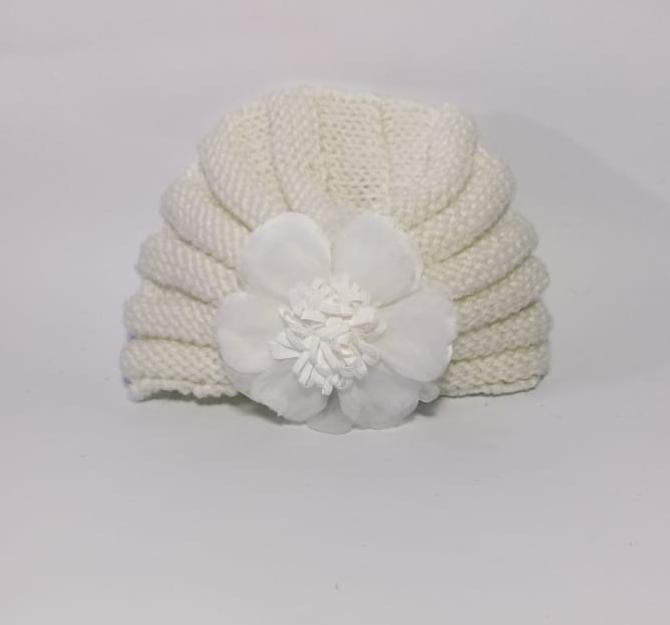 White Wool Floral Kid's Turban Cap Winter