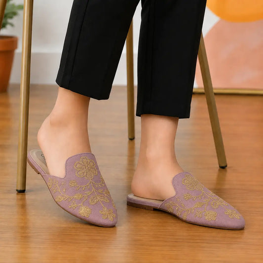 Elegant Floral Embroidered Backless Loafers - 071 - Pink