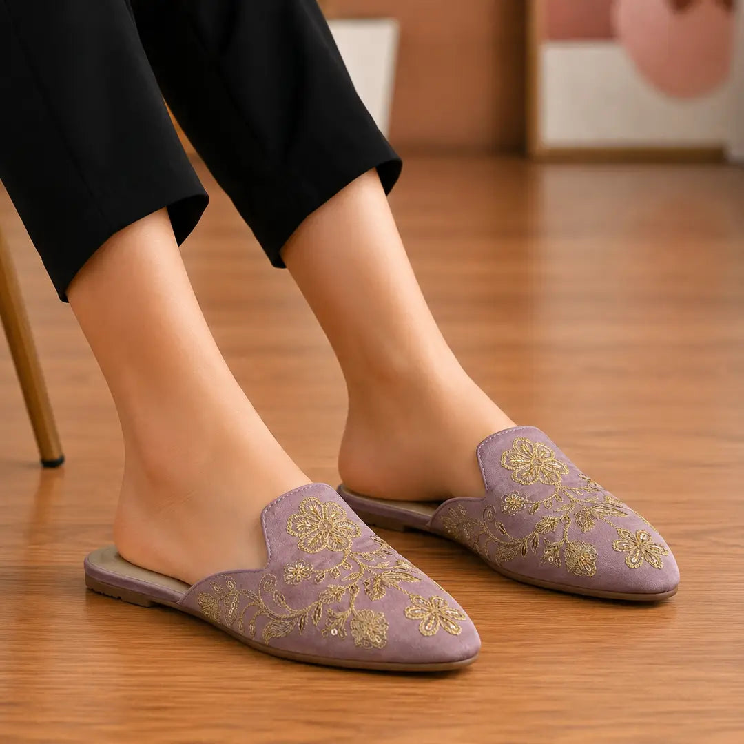 Elegant Floral Embroidered Backless Loafers - 071 - Pink