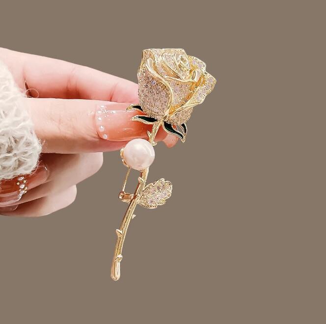 Golden Rose Brooch with Diamond & Pearl Accents
