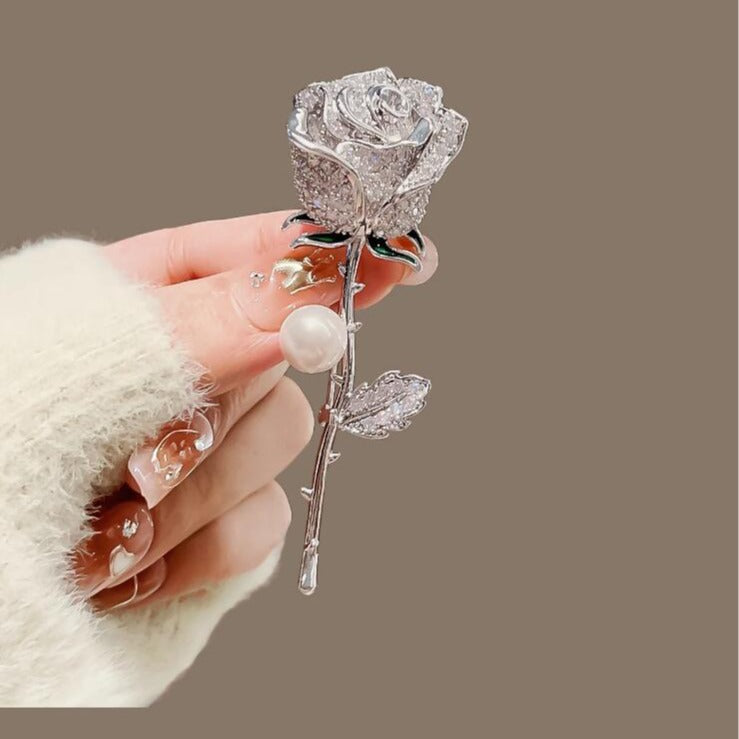 Golden Rose Brooch with Diamond & Pearl Accents