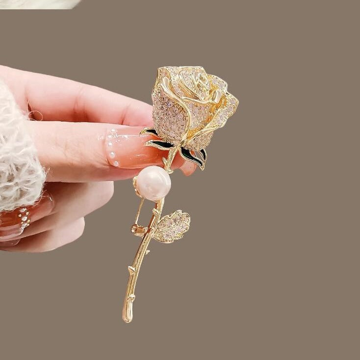 Golden Rose Brooch with Diamond & Pearl Accents